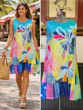Shana Art To Wear Floral Abstract Slub Knit Swing Shift Dress Resort Sz S 💚🎀